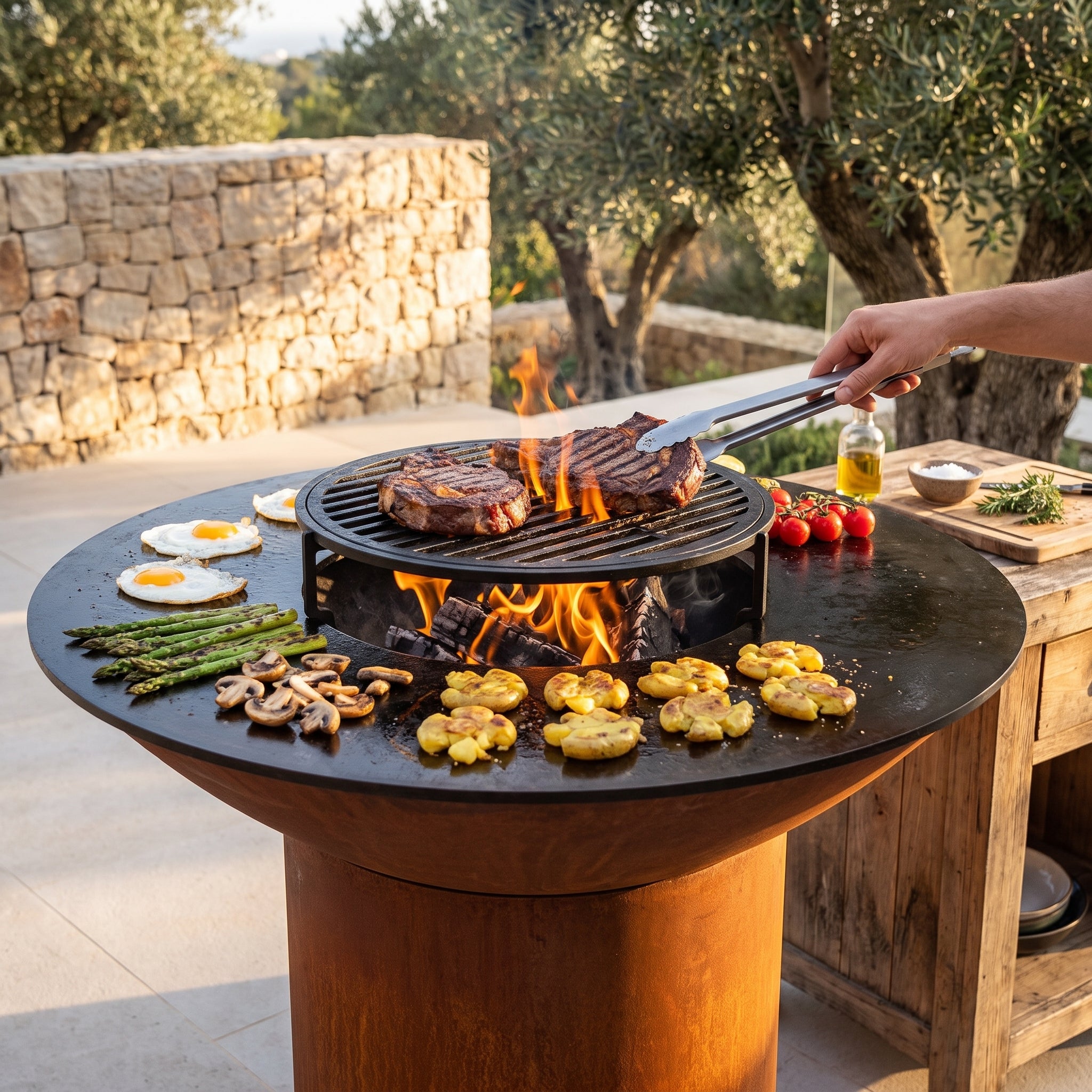 Steaks searing on a grill grate over the wood fire of an Arteflame grill with a round Corten steel base, with eggs, asparagus and potatoes on the flat-top griddle